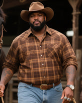 Plus Size Men's Western Style Retro Brown Plaid Long Sleeve Shirt Jeans Suit